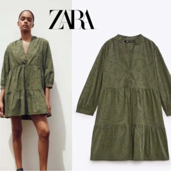 Zara | Dresses | Zara Mini Dress Openwork Embroidered Khaki Size Xl |  Poshmark